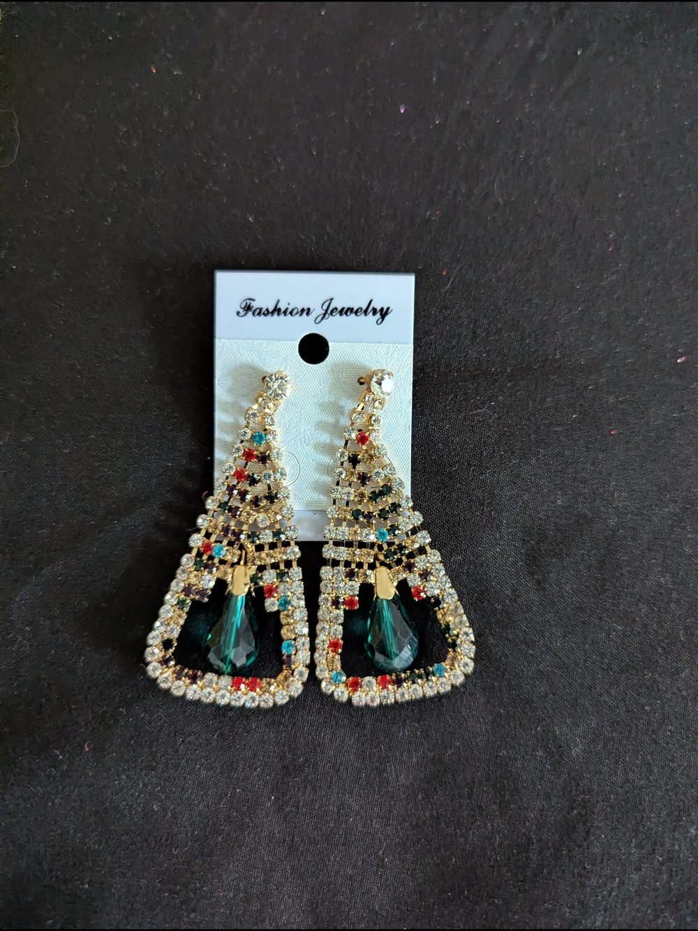 Fashion Jewelry Gold-Tone Teardrop Earrings with Emerald and Multi Rhinestones